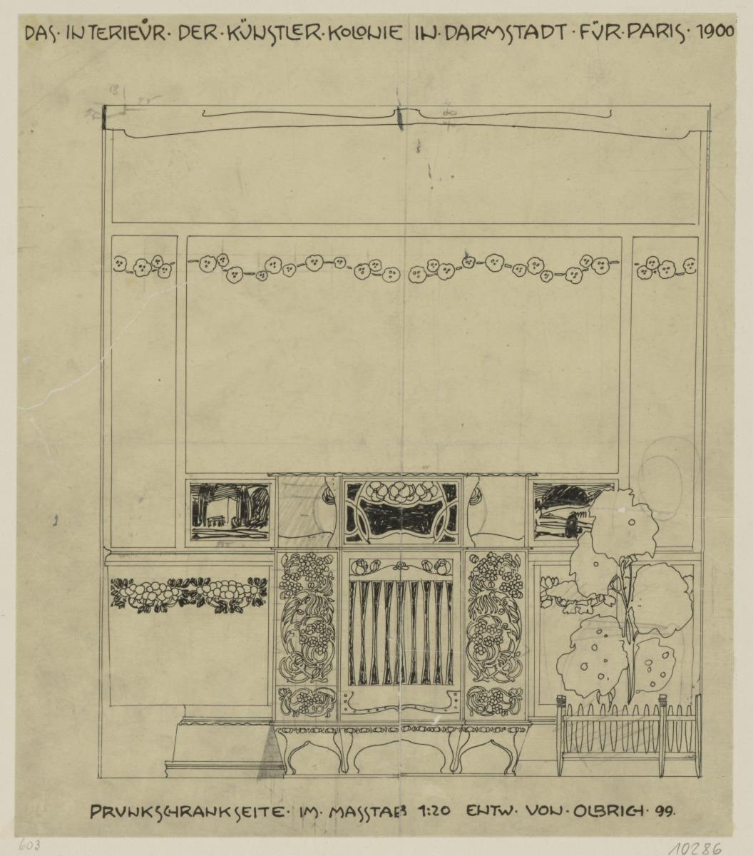 Darmstädter Zimmer für die Weltausstellung Paris 1900, Aufriss der Prunkschrankwand