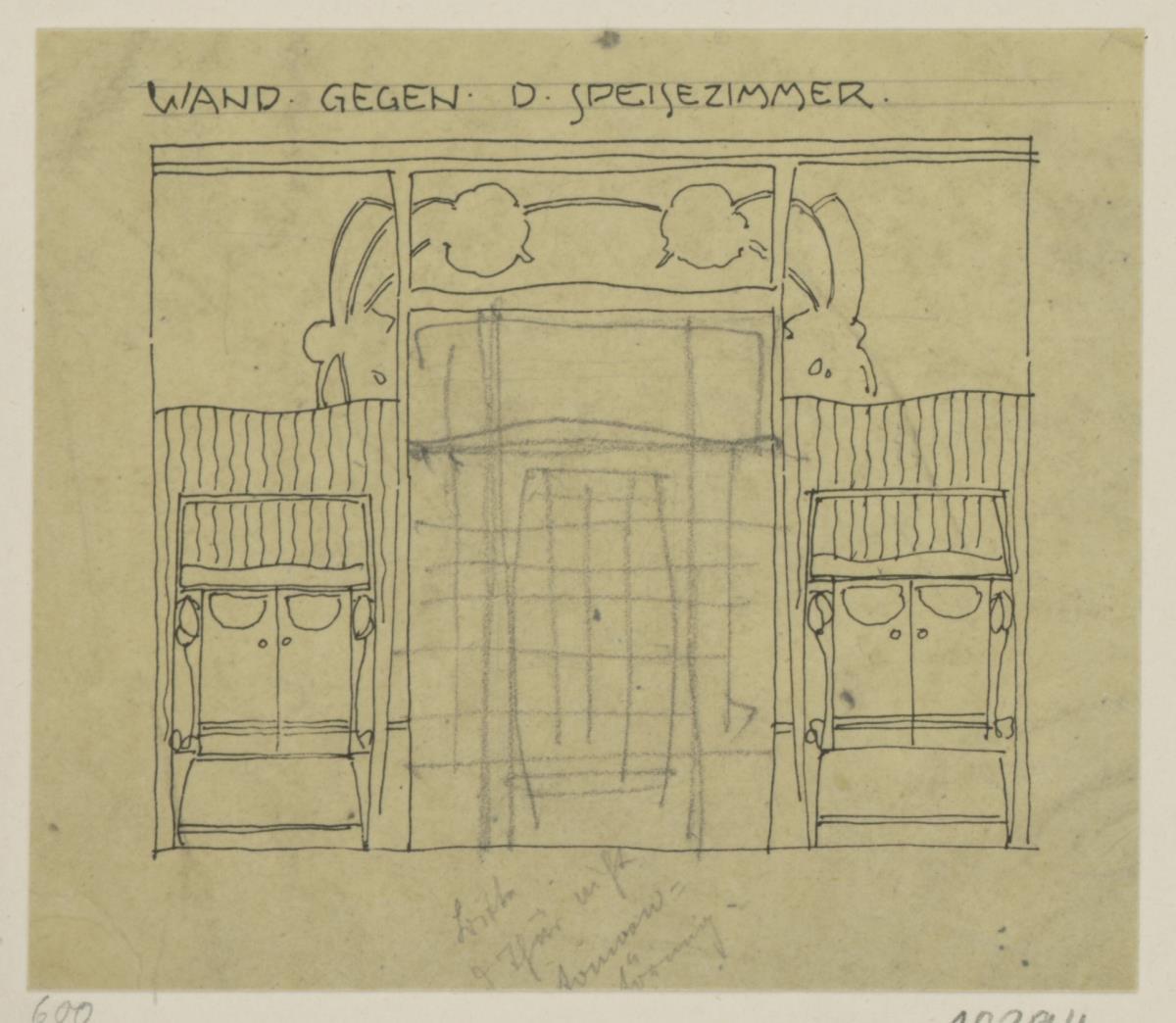 Darmstadt, Zimmereinrichtungen für Gustav Römheld, vorbereitende Skizze zum Salon, Aufriss der Wand nach dem Speisezimmer
