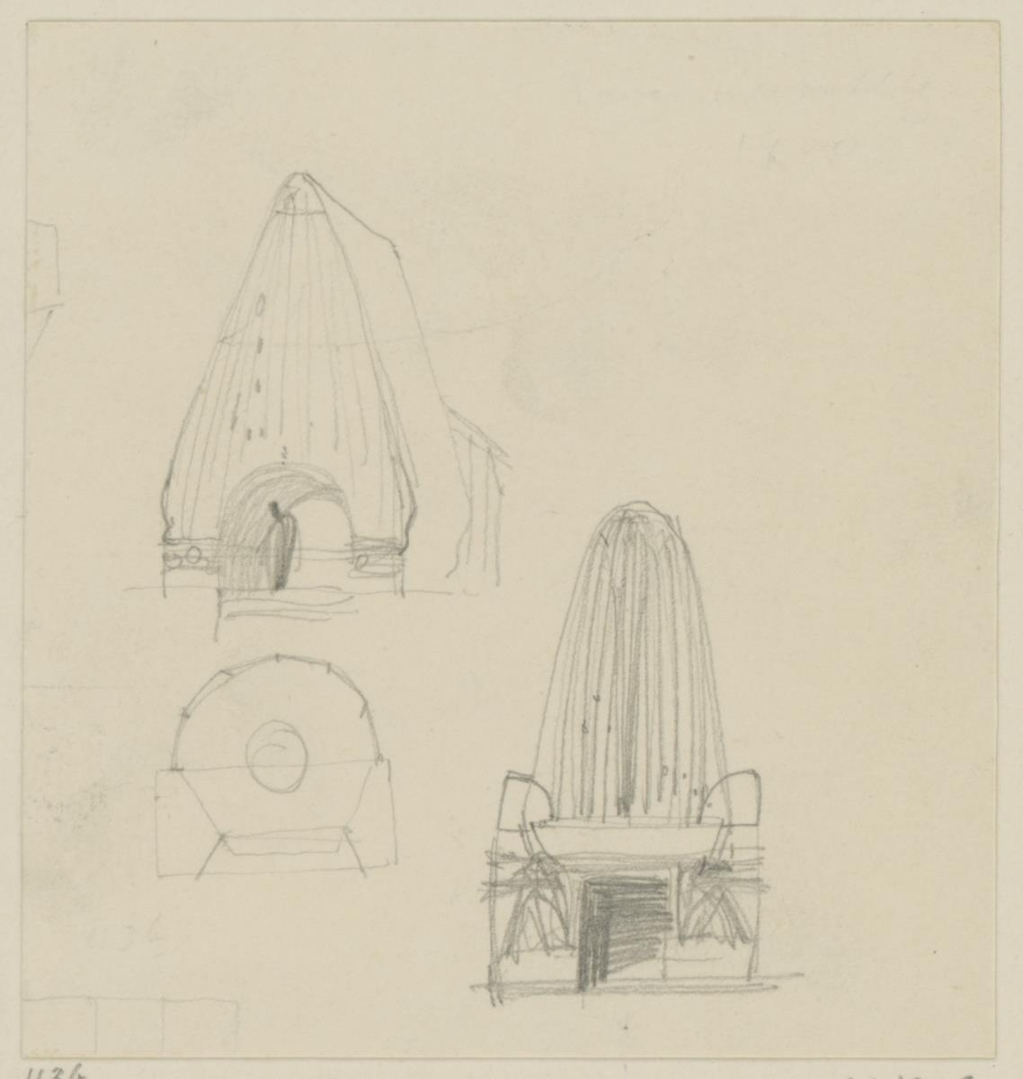 Darmstadt, Haupteingang zur Ausstellung der Künstlerkolonie, Vorentwurf, Skizzenblatt mit Perspektive, Grundriss  und Aufriss