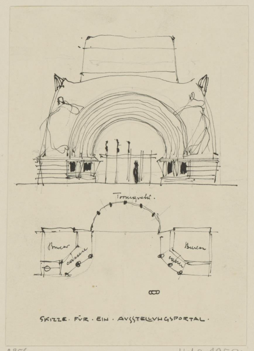 Darmstadt, Haupteingang zur Ausstellung der Künstlerkolonie, Vorentwurf, Skizzenblatt mit Aufriss und Grundriss