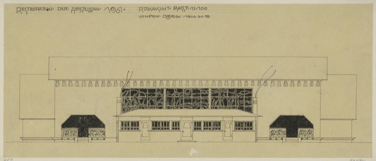Darmstadt, provisorisches Restaurant für die Ausstellung, Aufriss der rückwärtigen Fassade