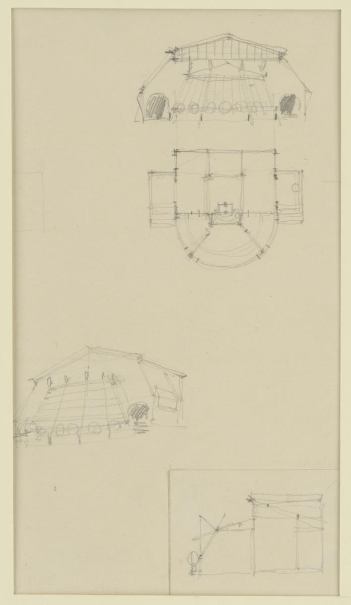 Darmstadt, provisorisches Galeriegebäude, Gebäude für Flächenkunst für die Ausstellung, vorbereitende Skizze, Aufriss, Grundriss, Perspektive und Schnitt
