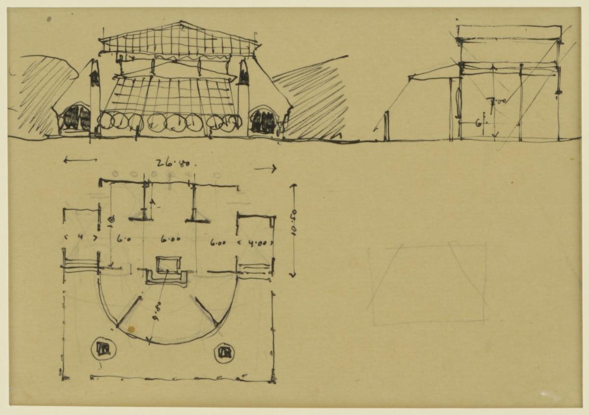 Darmstadt, provisorisches Galeriegebäude, Gebäude für Flächenkunst für die Ausstellung, vorbereitende Skizze, Aufriss, Grundriss und Schnitt