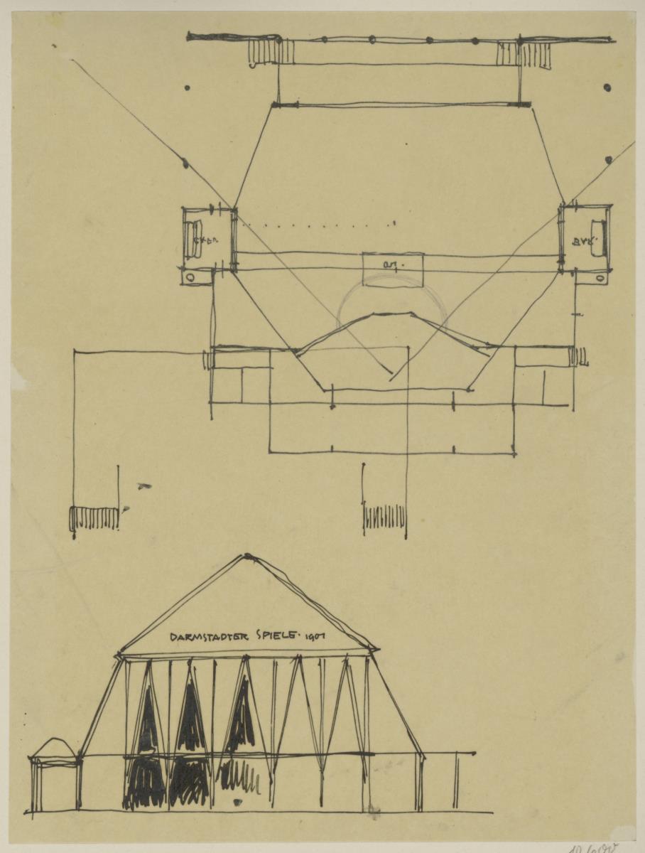 Darmstadt, provisorischer Theaterbau, Spielhaus für die Ausstellung, Skizzenblatt mit Grundriss und Aufriss