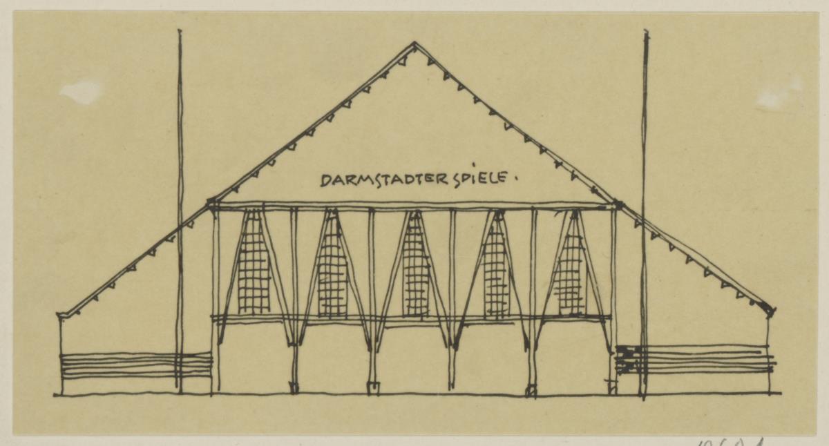 Darmstadt, provisorischer Theaterbau, Spielhaus für die Ausstellung, Skizzenblatt mit Aufriss