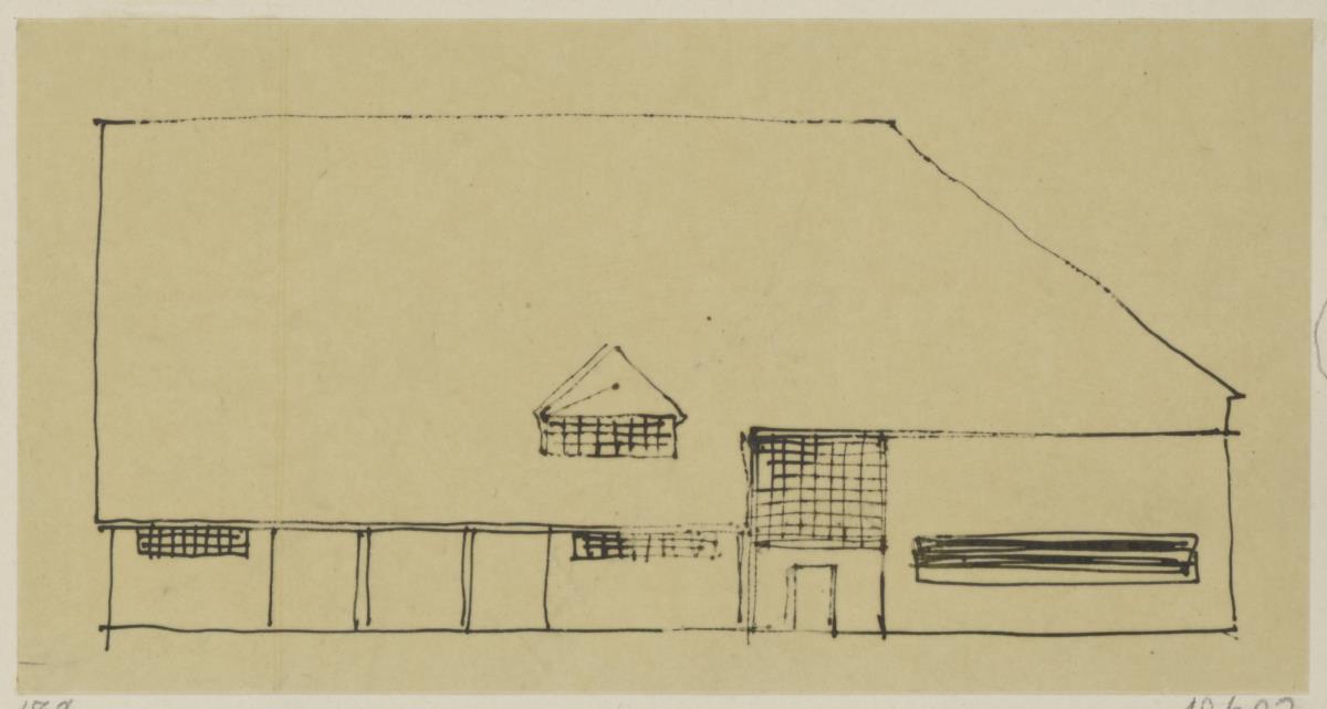 Darmstadt, provisorischer Theaterbau, Spielhaus für die Ausstellung, Skizzenblatt mit Aufriss einer Seitenfassade