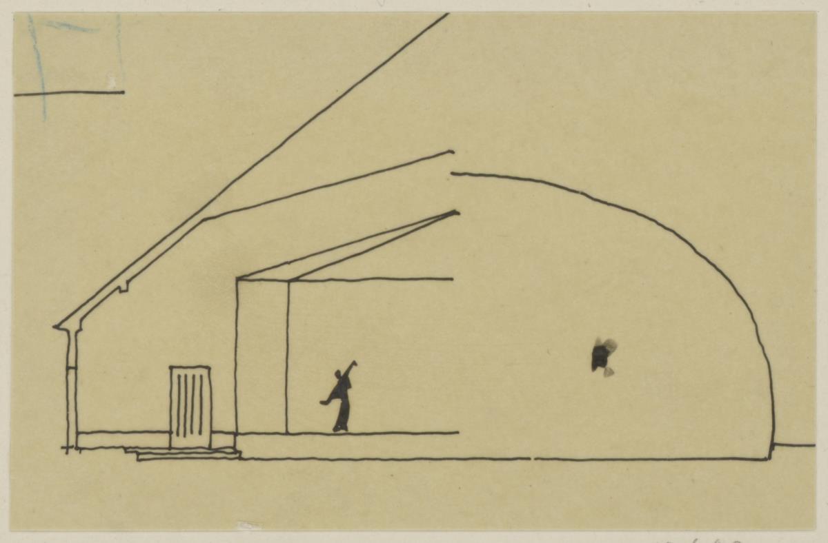 Darmstadt, provisorischer Theaterbau, Spielhaus für die Ausstellung, Skizzenblatt mit Schnitt