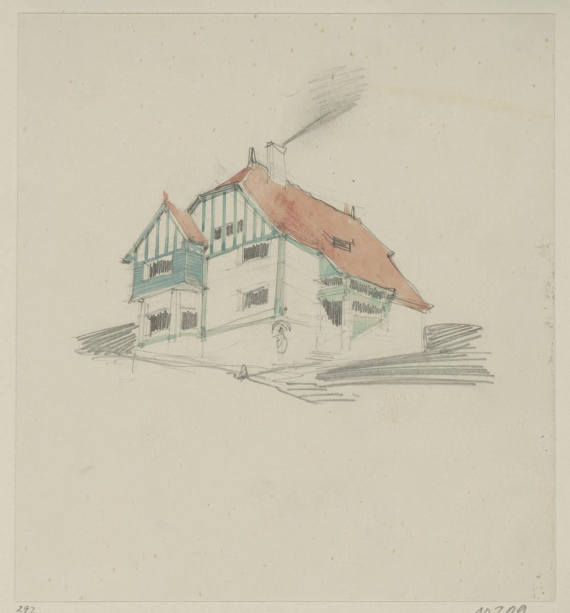 Darmstadt, Wohnhaus Christiansen, vorbereitende Skizze, Perspektive von Südosten