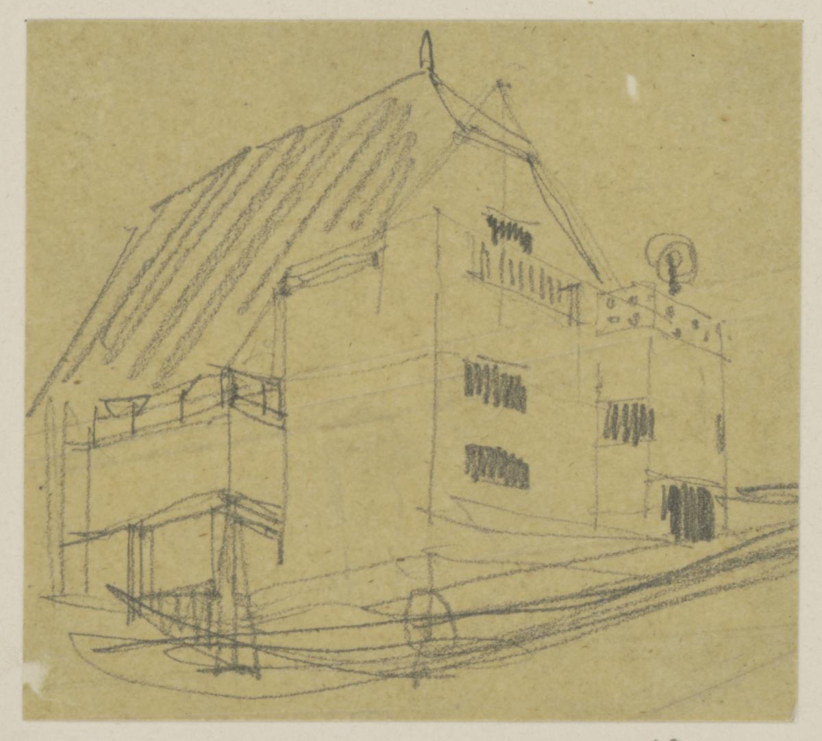 Darmstadt, Wohnhaus Christiansen, vorbereitende Skizze, Perspektive von Südosten