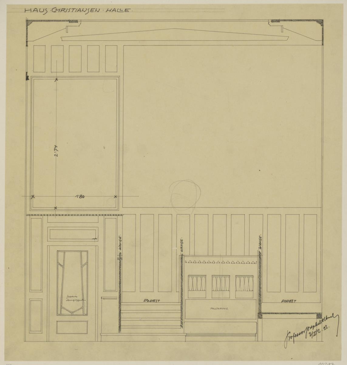 Darmstadt, Wohnhaus Christiansen, Halle, Aufriss der Westwand