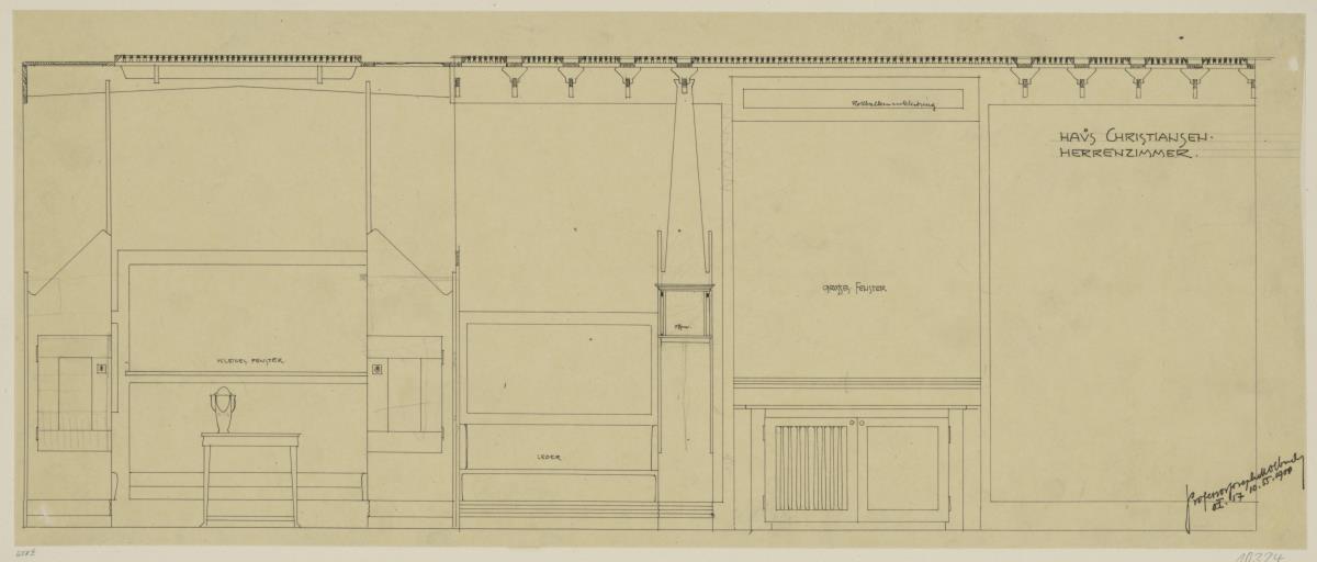 Darmstadt, Wohnhaus Christiansen, Herrenzimmer, Aufrisse der Süd -und Westwand