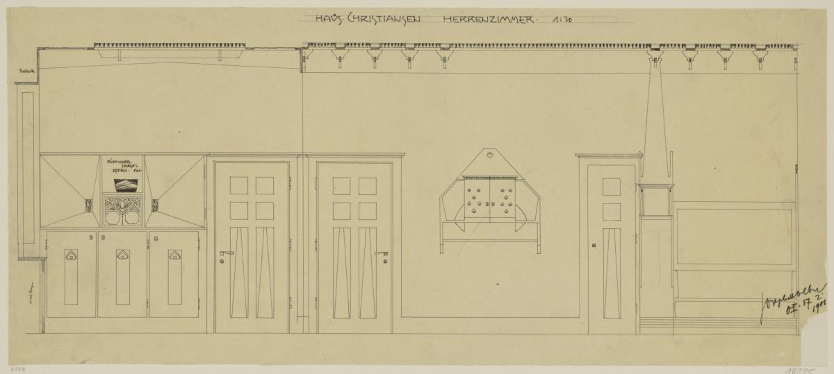 Darmstadt, Wohnhaus Christiansen, Herrenzimmer, Aufrisse der Nord- und Ostwand