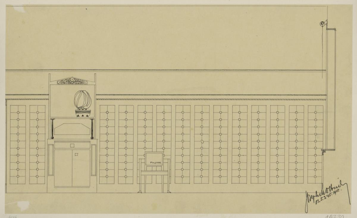 Darmstadt, Wohnhaus Christiansen, Speisezimmer, Aufrisse der Süd- und Westwand