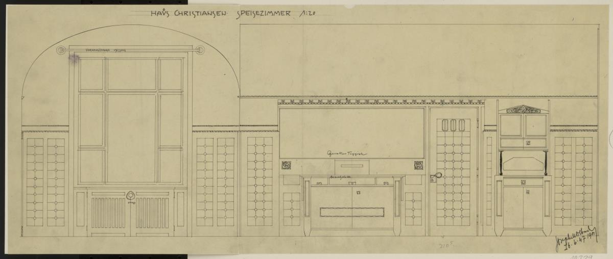 Darmstadt, Wohnhaus Christiansen, Speisezimmer, Aufriss der Ostwand