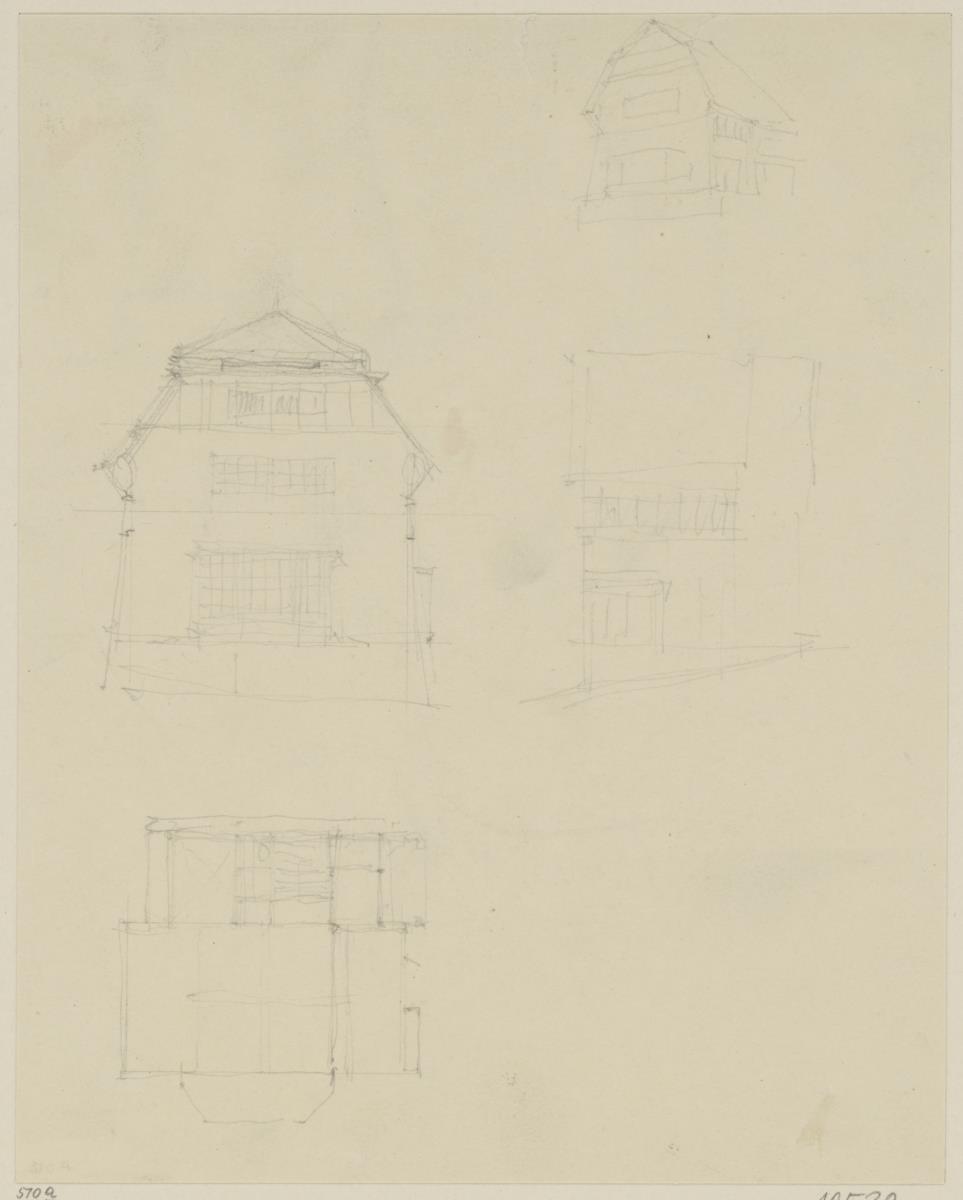 Darmstadt, Wohnhaus Keller, Vorentwurf, Skizzenblatt mit zwei Aufrissen, Perspektive und Grundriss