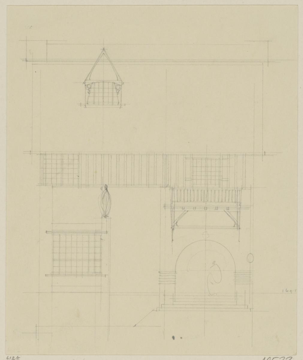 Darmstadt, Wohnhaus Keller, Skizzenblatt mit Aufriss der Ostfassade