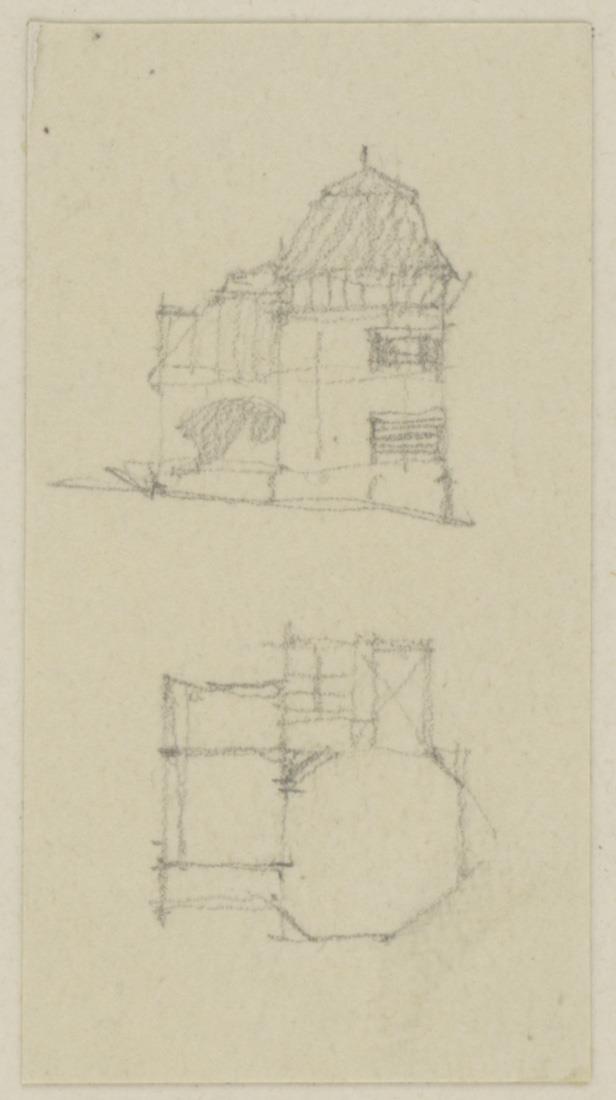Darmstadt, Wohnhaus Deiters, vorbereitende Skizze mit Aufriss der Südfassade und Grundriss