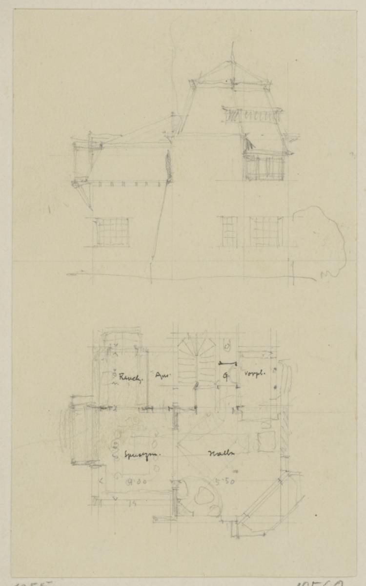 Darmstadt, Wohnhaus Deiters, vorbereitende Skizze mit Aufriss der Südfassade und Grundriss
