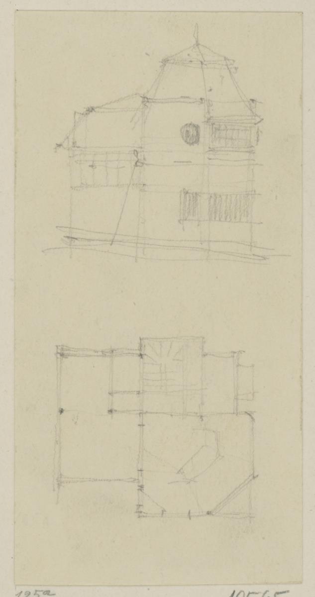 Darmstadt, Wohnhaus Deiters, Skizzenblatt mit Aufriss der Südfassade und Grundriss