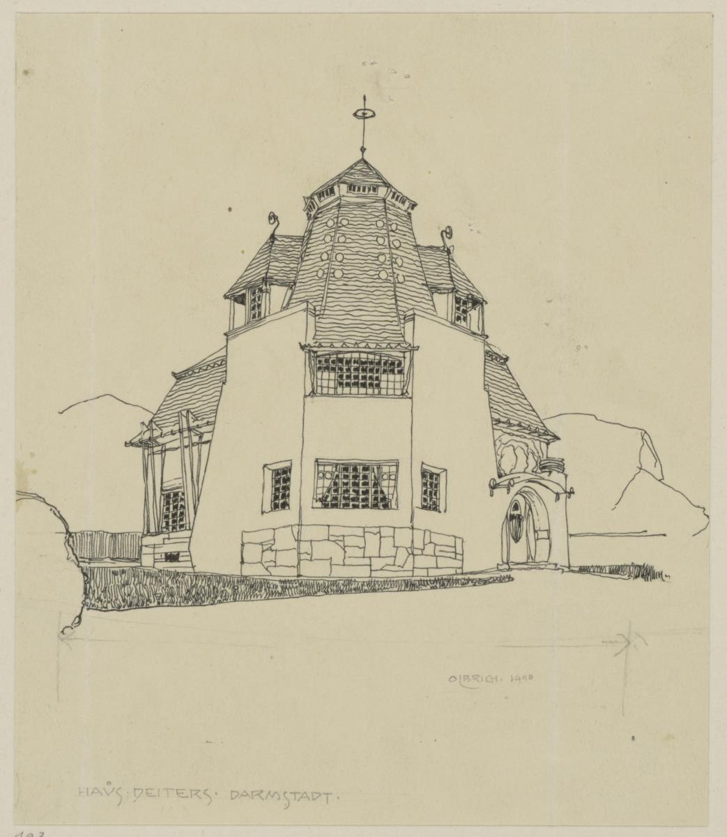 Darmstadt, Wohnhaus Deiters, Skizzenblatt mit Perspektive von Südosten
