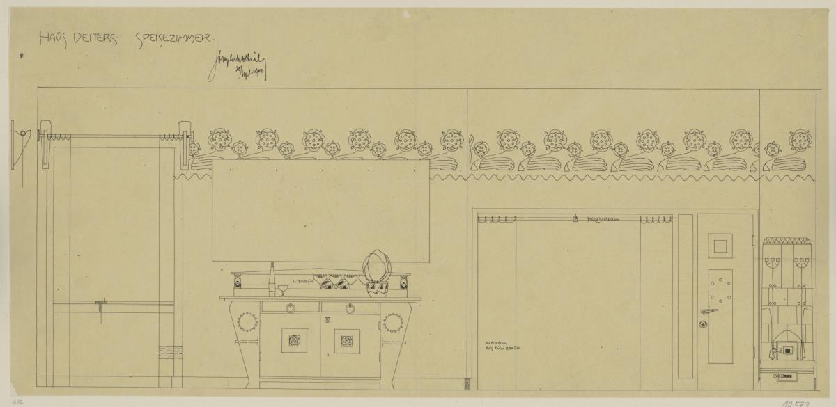 Darmstadt, Wohnhaus Deiters, Speisezimmer, Aufrisse der West und Nordwand