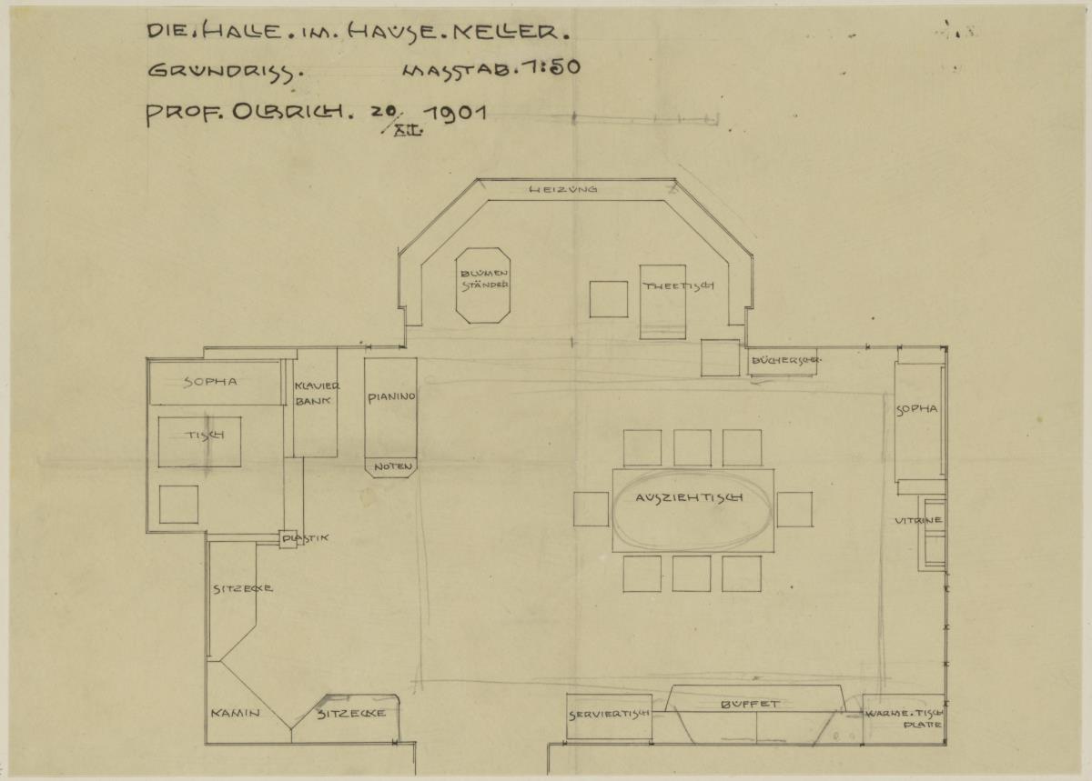 Darmstadt, Wohnhaus Keller, Halle, Grundriss mit Möblierungsplan