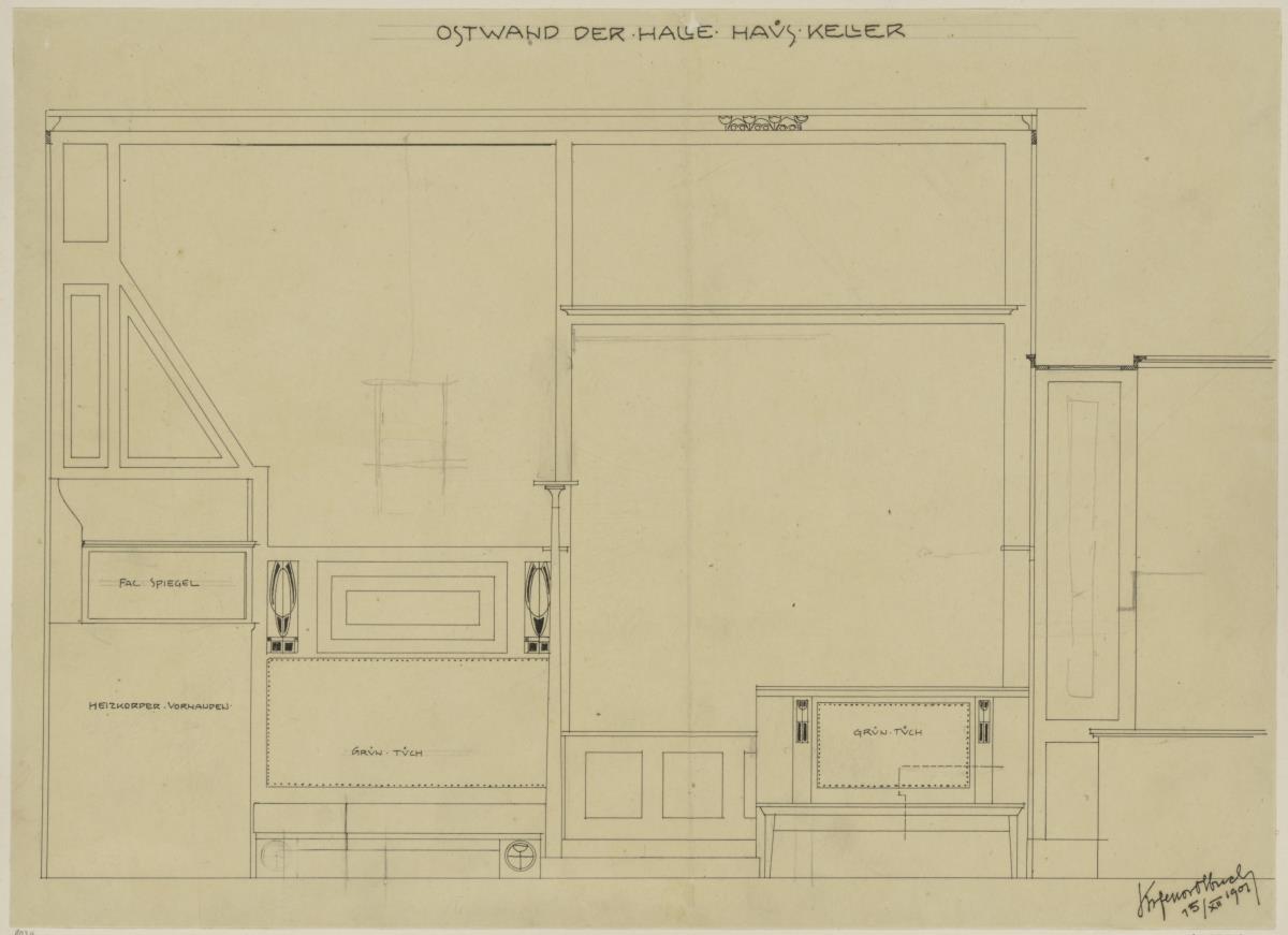 Darmstadt, Wohnhaus Keller, Halle, Aufriss der Ostwand