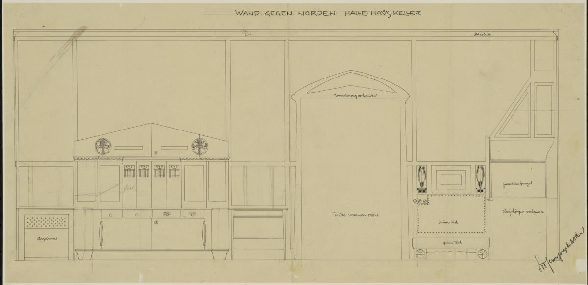 Darmstadt, Wohnhaus Keller, Halle, Aufriss der Nordwand
