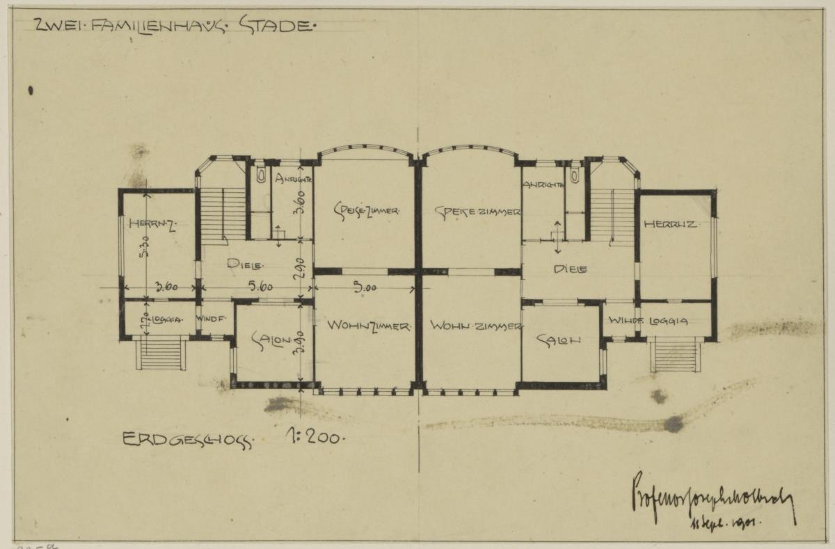 Darmstadt, Doppelhaus Stade, Grundriss des Erdgeschosses