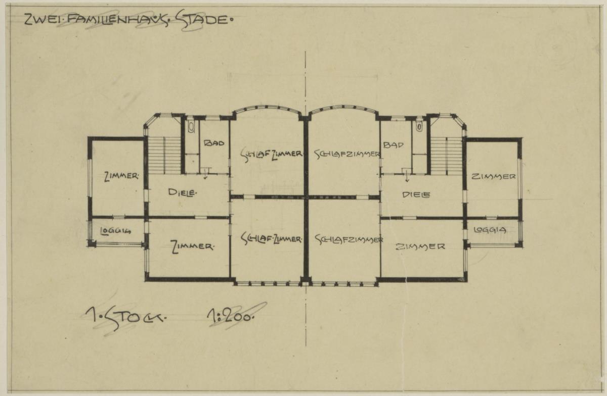 Darmstadt, Doppelhaus Stade, Grundriss des ersten Obergeschosses