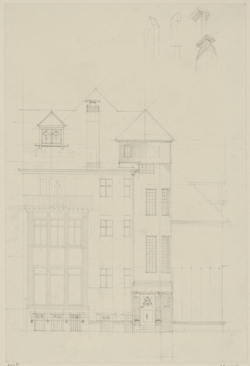 Darmstadt, Doppelhaus Stade, Aufriss der östlichen Hälfte der Südfassade, oben rechts vier Kamindetails