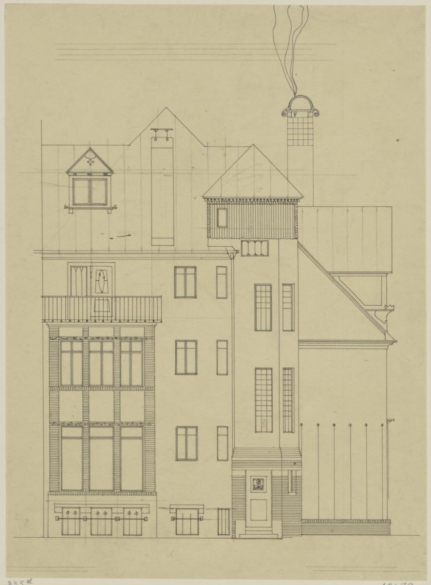 Darmstadt, Doppelhaus Stade, Aufriss der östlichen Hälfte der Südfassade