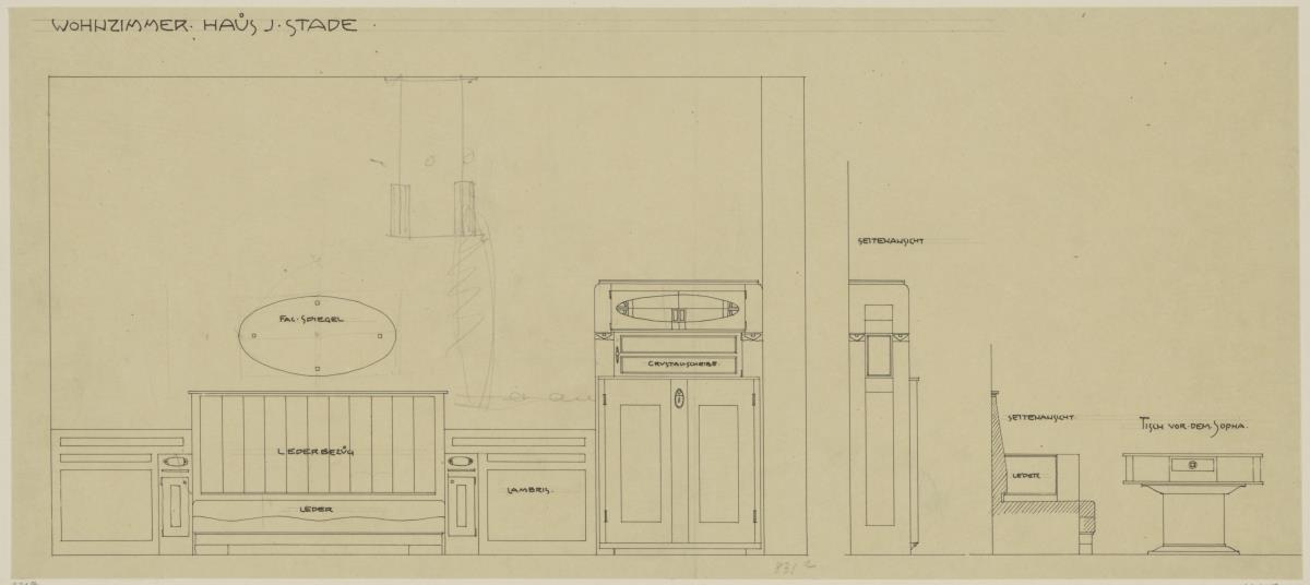 Darmstadt, Doppelhaus Stade, Wohnung Joseph Stade, Wohnzimmer, Aufriss der Ostwand, Aufriss des Tisches sowie Seitenansichten von Sofa und Schrank