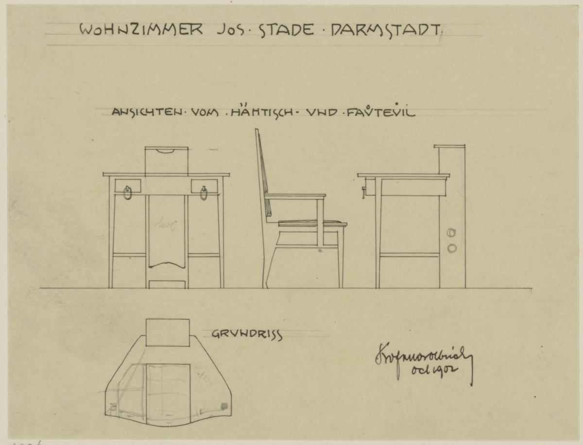 Darmstadt, Doppelhaus Stade, Wohnung Joseph Stade, Wohnzimmer, Grundriss, Vorder- und Seitenansicht des Nähtisches sowie Seitenansicht des Sessels