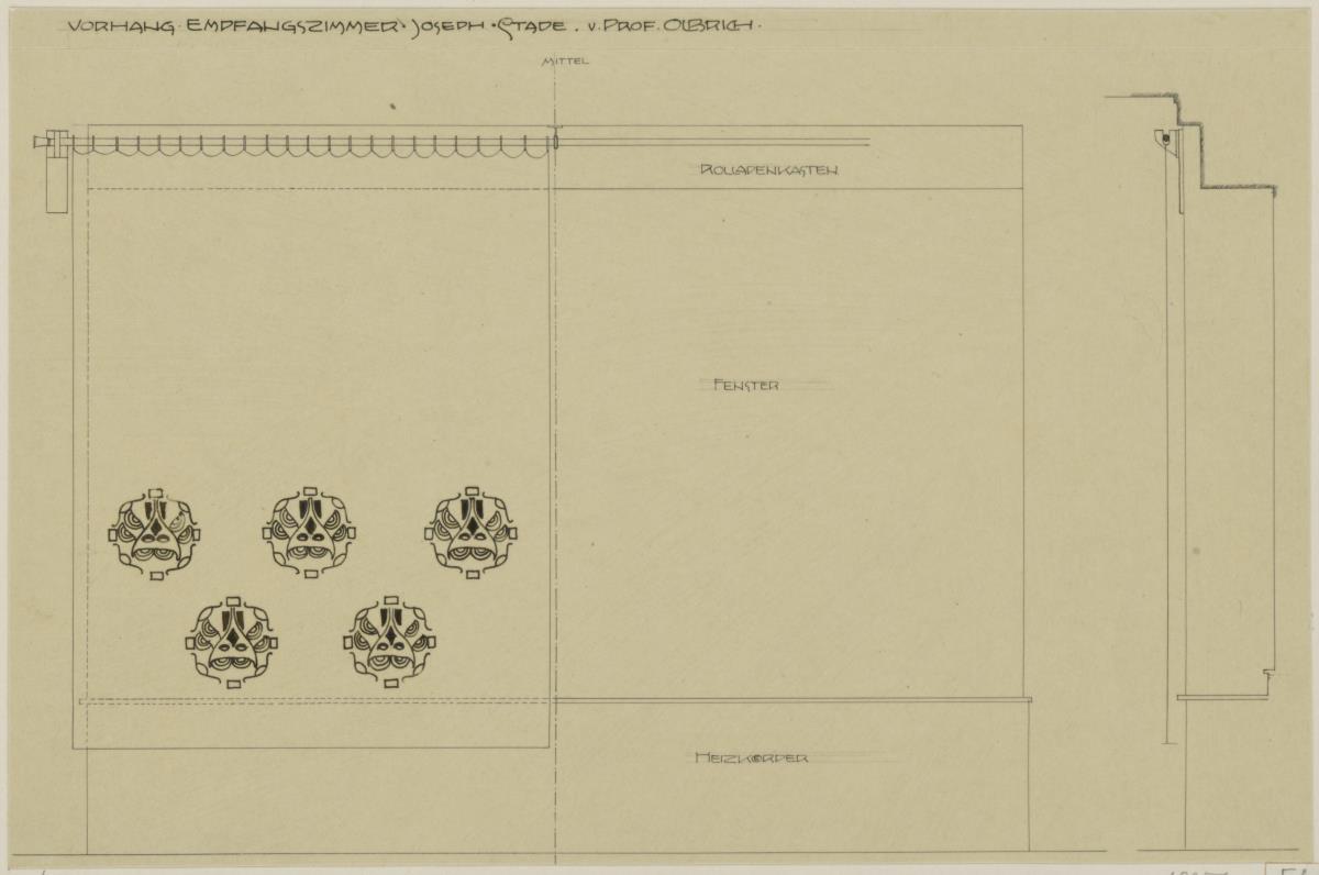 Darmstadt, Doppelhaus Stade, Wohnung Joseph Stade, Empfngszimmer, Fenstervorhang mit schematischer Angabe der Fensternische und entsprechendem Querschnitt