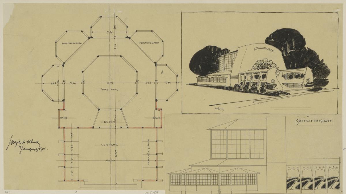Darmstadt, provisorisches Blumenhaus für die Ausstellung, Grundriss und Perspektive