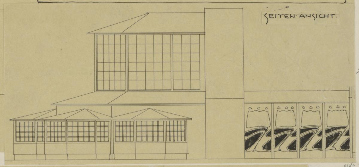 Darmstadt, provisorisches Blumenhaus für die Ausstellung, Aufriss einer Seitenfassade und Dekorationsdetail