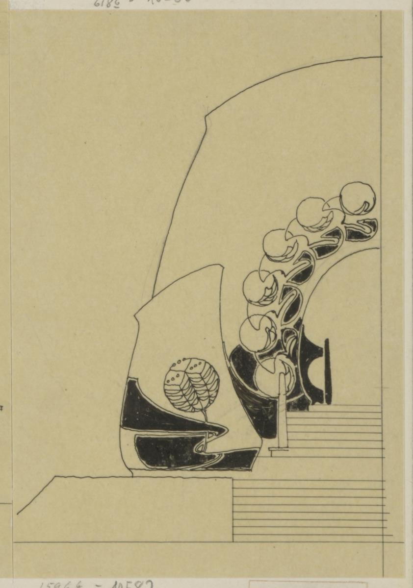 Darmstadt, provisorisches Blumenhaus für die Ausstellung, halber Aufriss der Eingangsfassade