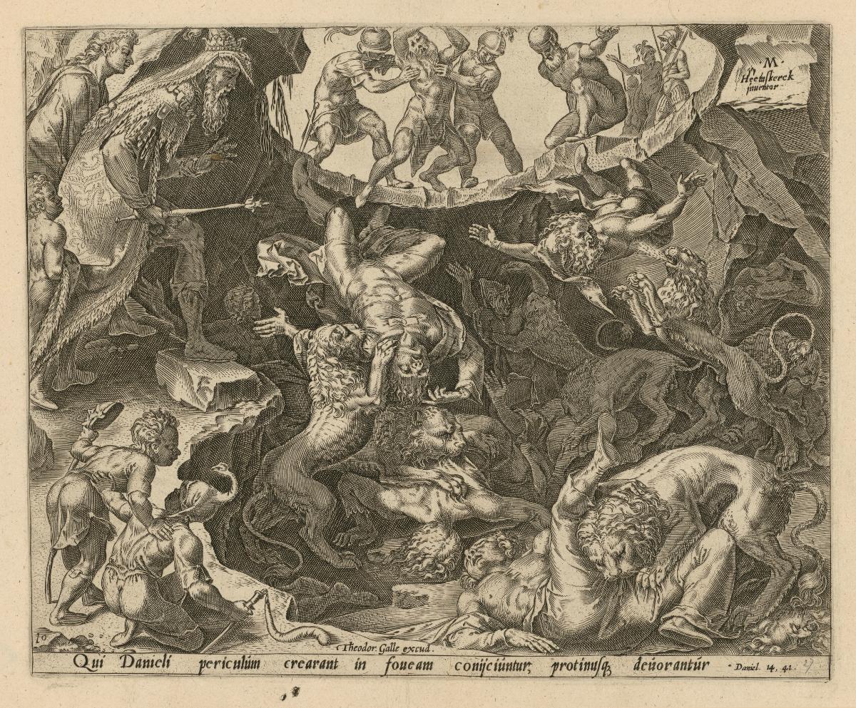 Cyrus lässt Daniels Ankläger in die Höhle des Löwen werfen (Dan 14:42), Blatt 10 aus der 10-teiligen Geschichte von Daniel, Bel und dem Drachen