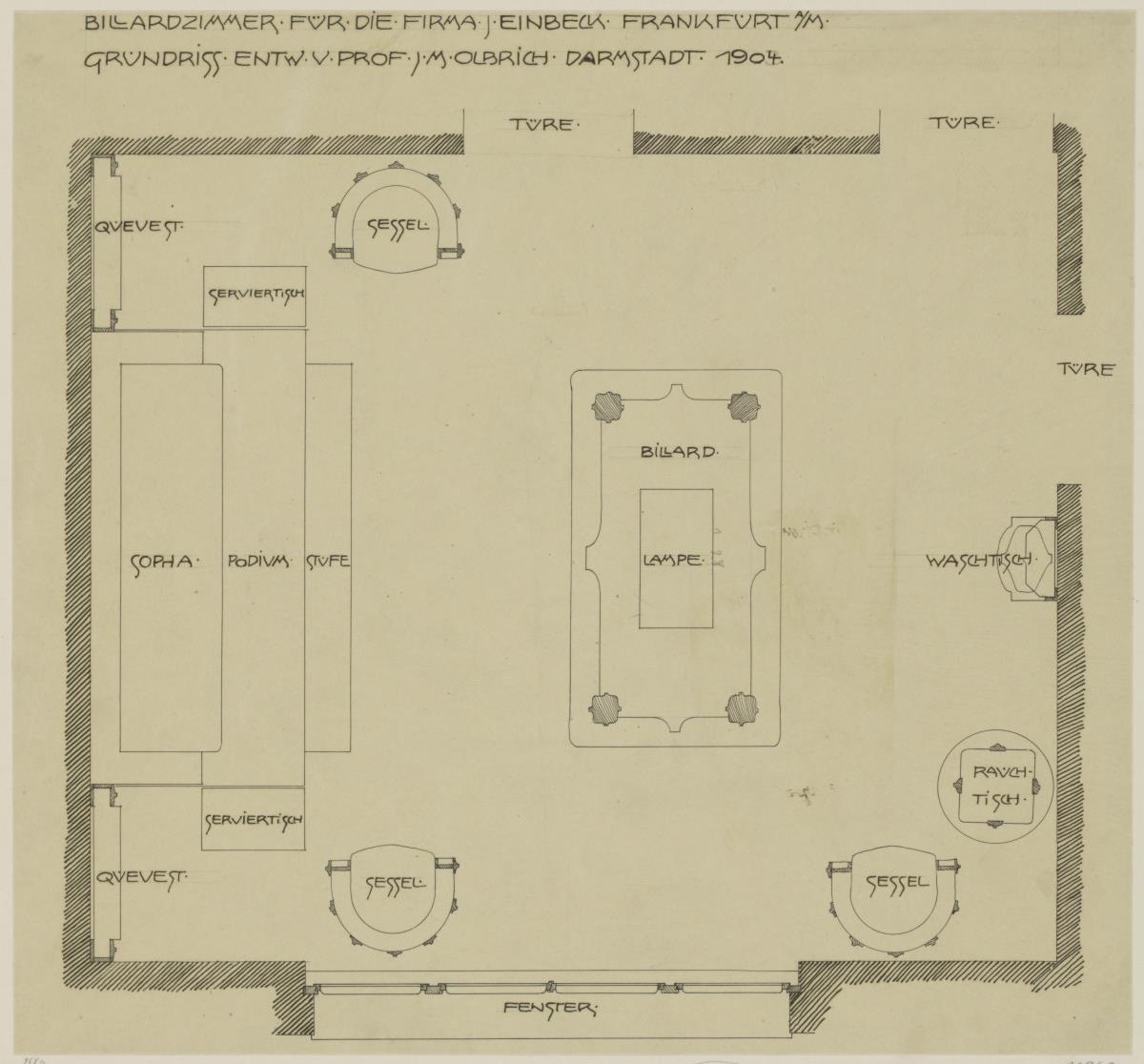 Darmstadt, Dreihäusergruppe, Eckhaus, erstes Obergeschoss, Billardzimmer, Raum 9, Grundriss mit Möblierungsplan