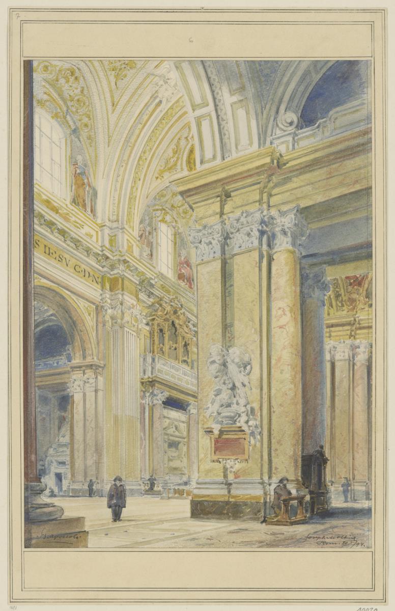 Reisestudien, Rom, SS. Apostoli, Blick aus dem südlichen Seitenschiff auf das Denkmal Clemens XIV. und in den Chor