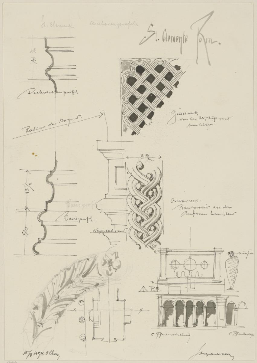 Reisestudien, Rom, S. Clemente, Skizzenblatt mit mehreren Profilen, Schmuck Details, Grundriss Detail und Fassade
