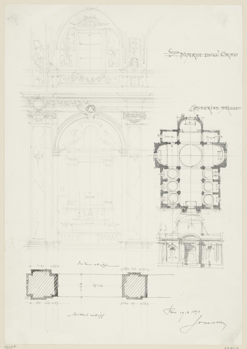 Reisestudien, Rom, S. Maria dell`Orto, Skizzenblatt mit Grundriss, Fassade, einer Achse des Seitenschiffs und Pfeilergrundrissen