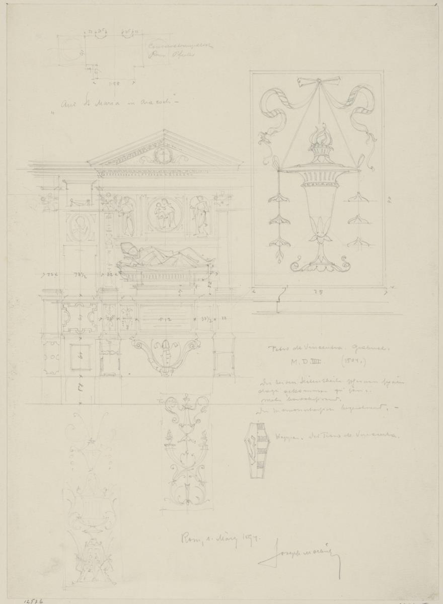 Reisestudien, Rom, S. Maria in Aracoeli, Skizzenblatt mit Aufriss und Details vom Grabmal des Pietro da Vicenza; oben links Pfeilergrundriss vom Konservatorenpalast