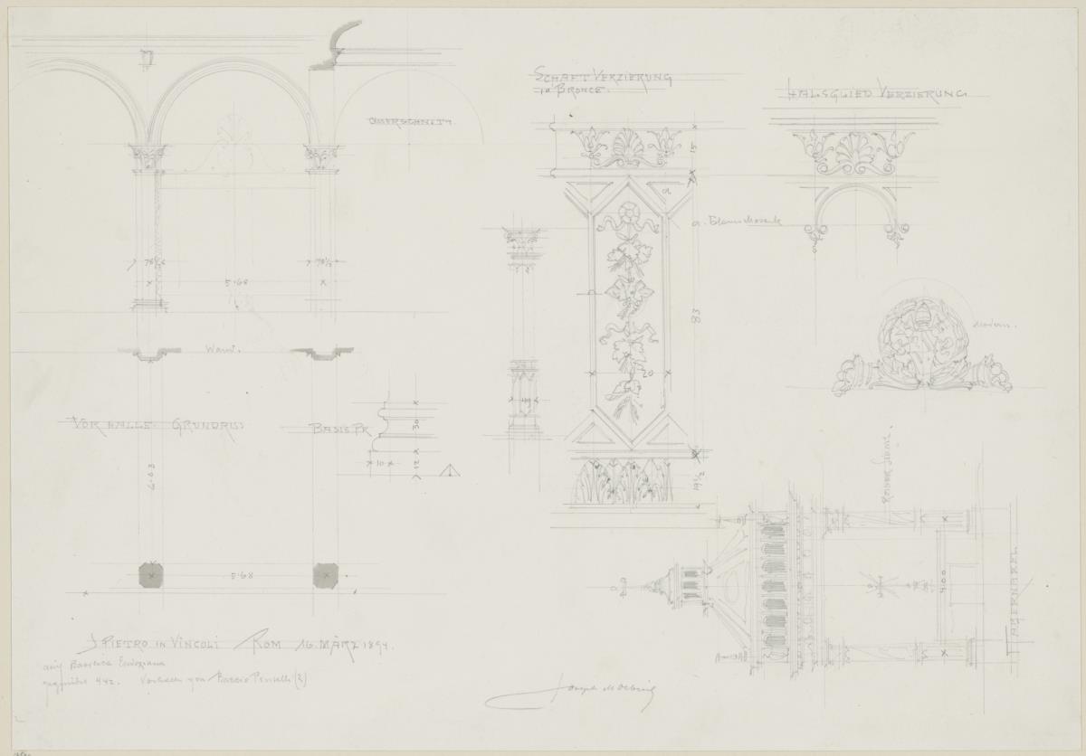 Reisestudien, Rom, S. Pietro in Vincoli, Skizzenblatt mit Aufriss- und Grundrissdetails der Vorhalle, Aufriss des Ziboriums und mehreren Details