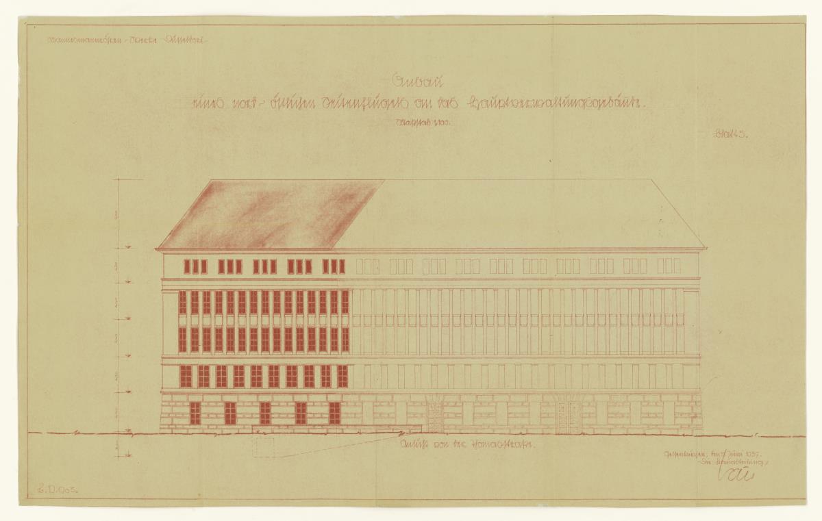 Erweiterung Hauptverwaltung Mannesmann-Röhrenwerke, Düsseldorf, Anbau, Ansicht Thomasstraße, Lichtpause