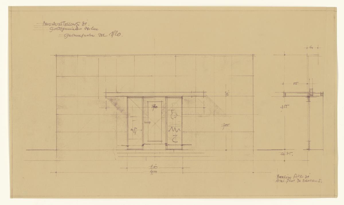 Deutsche Bauausstellung, Berlin, Kiosk Goldschmiede H.J. Wilm, Aufriss u. Profil Gartenseite, Lichtpause