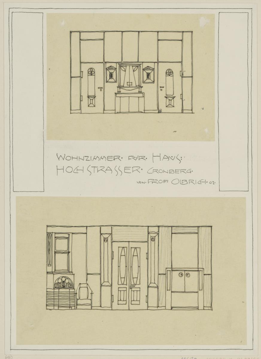 Kronberg im Taunus, Wohnhaus Hochstrasser, Wohnzimmer, Aufrisse der Süd- und Ostwand