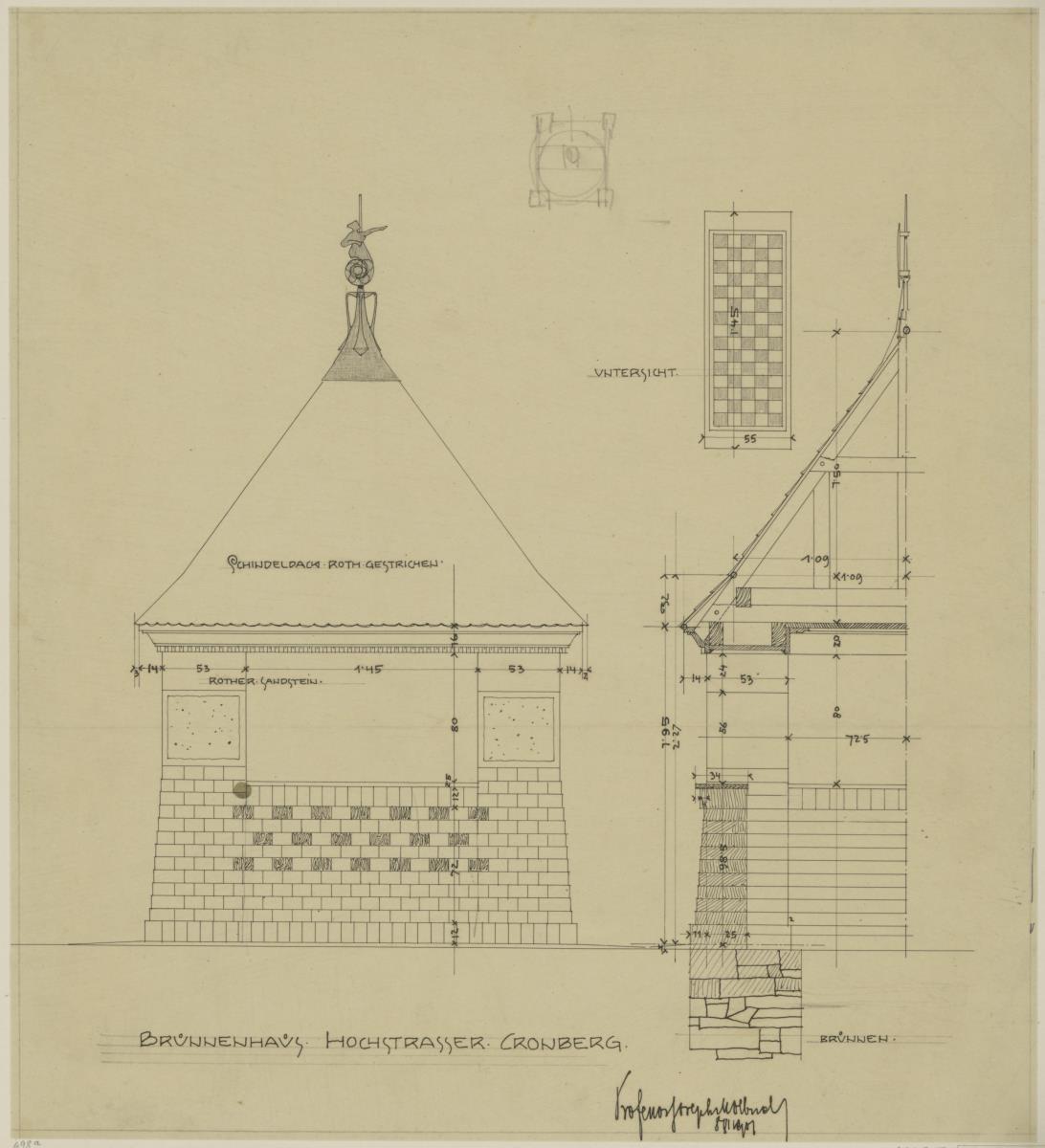 Kronberg im Taunus, Wohnhaus Hochstrasser, Brunnenhaus, Aufriss, Schnitt und Detail