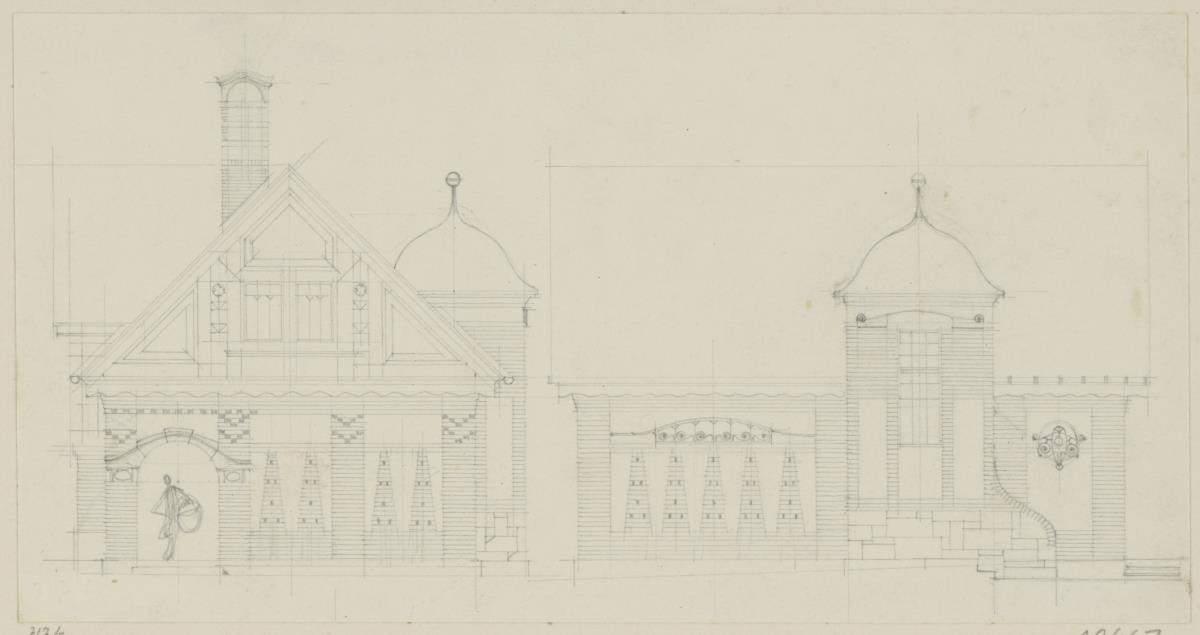 Darmstadt, Projekt Stallgebäude Julius Glückert, zweite Version, Aufrisse der Süd und Ostfassade